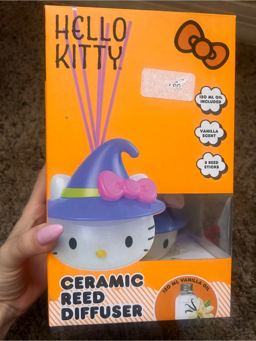 Hello Kitty Ceramic Reed Diffuser — Orange Box with Purple Hat & Pink Bow